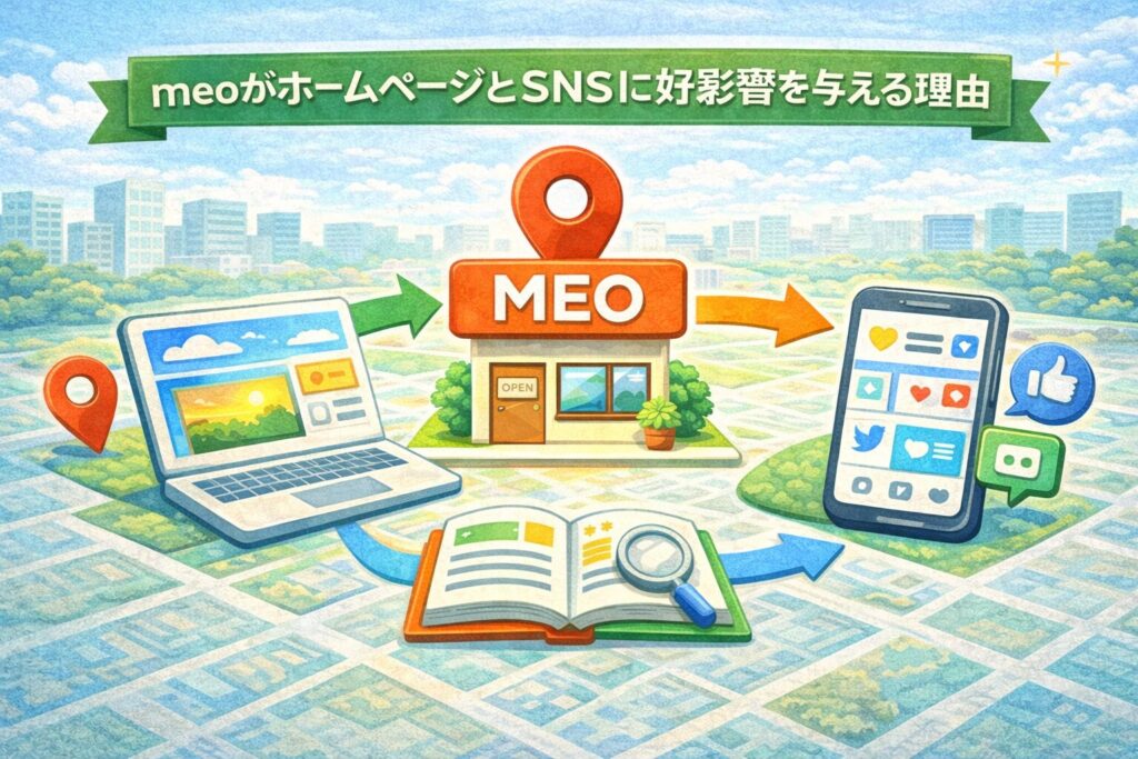 meoがホームページとSNSに好影響を与える理由をGoogleマップ風デザインで示した図解イメージ