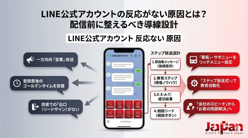 LINE公式アカウントの反応がない原因と、配信前に整えるべき導線設計を解説したアイキャッチ画像。売り込み配信、登録直後の放置、出口不足の課題と、ステップ配信・リッチメニュー・相談導線の改善策を示している。
