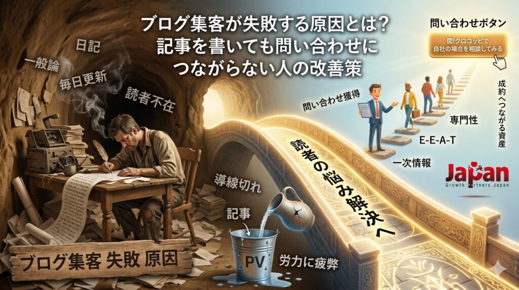 ブログ集客が失敗する原因として、日記や一般論の記事、読者不在、導線切れを改善し、問い合わせにつなげる流れを表した画像
