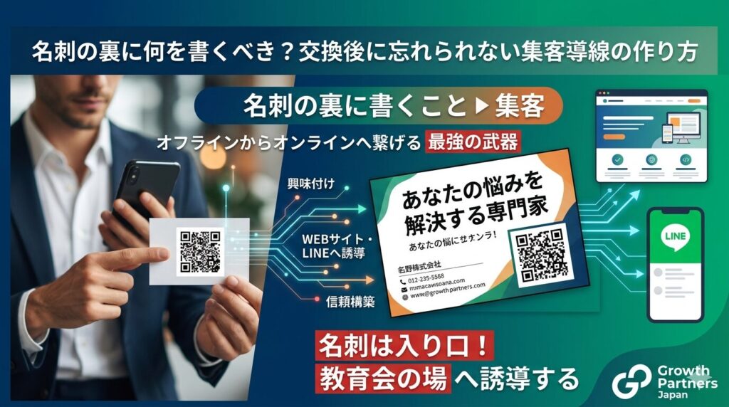 名刺の裏に書くことと集客導線の作り方を解説するアイキャッチ画像。名刺裏面のQRコードからWEBサイトやLINEへ誘導し、オフラインからオンラインへつなげる流れを表現している。