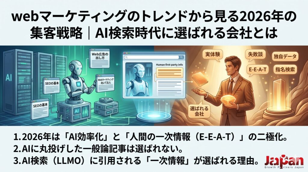 webマーケティングのトレンドから2026年のAI検索時代に選ばれる会社の集客戦略を解説するアイキャッチ画像