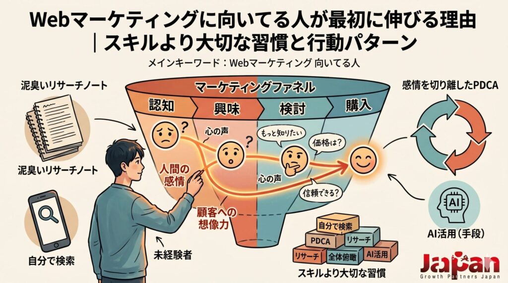 Webマーケティングに向いてる人が最初に伸びる理由を、マーケティングファネル・顧客への想像力・PDCA・リサーチ習慣・AI活用の観点から図解したアイキャッチ画像