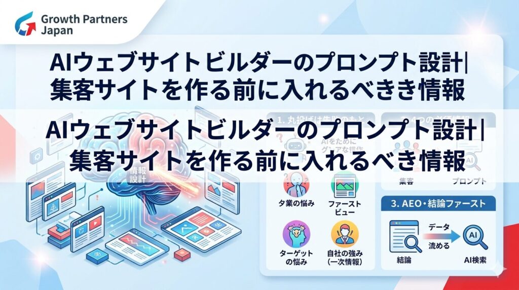 AIウェブサイトビルダーのプロンプト設計をテーマに、集客サイトを作る前に入れるべき情報を解説したアイキャッチ画像。ターゲットの悩み、ファーストビュー、自社の強み、集客導線、AEO対応などの重要項目が図解されている。