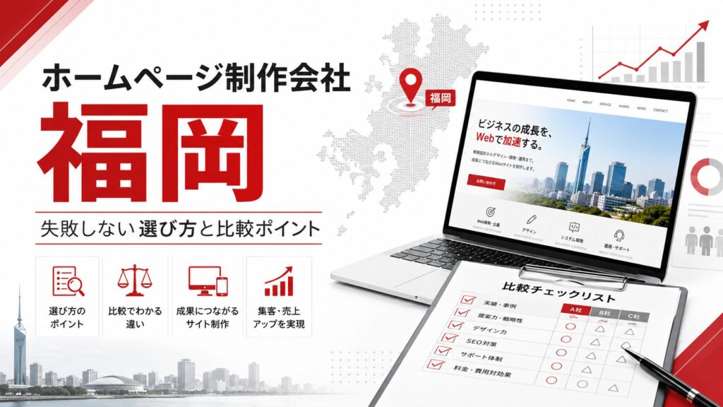 ホームページ制作会社を福岡で探している方向けに、制作会社選び、比較ポイント、Webサイト制作、集客設計、SEO対策、福岡エリアを示したアイキャッチ画像