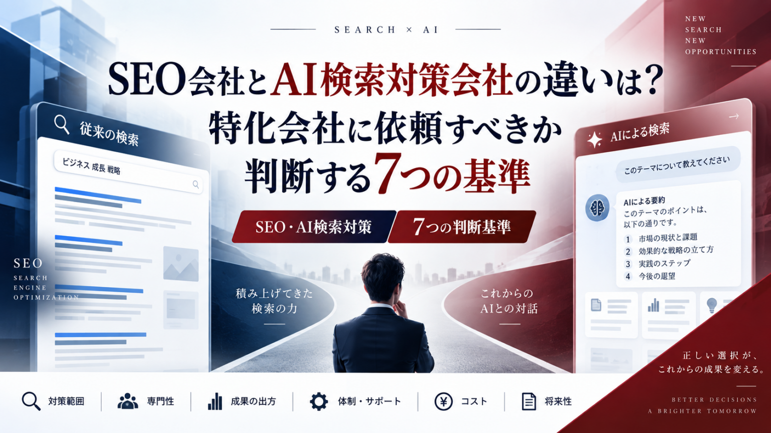 SEO会社とAI検索対策会社の違いを比較し、特化会社へ依頼する際の7つの判断基準を示した図解