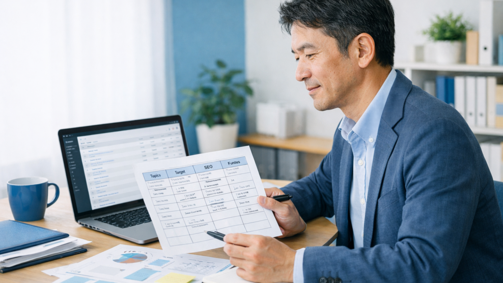 WordPressの記事一覧とカテゴリ整理シートを見ながら集客導線を整理する中小企業経営者