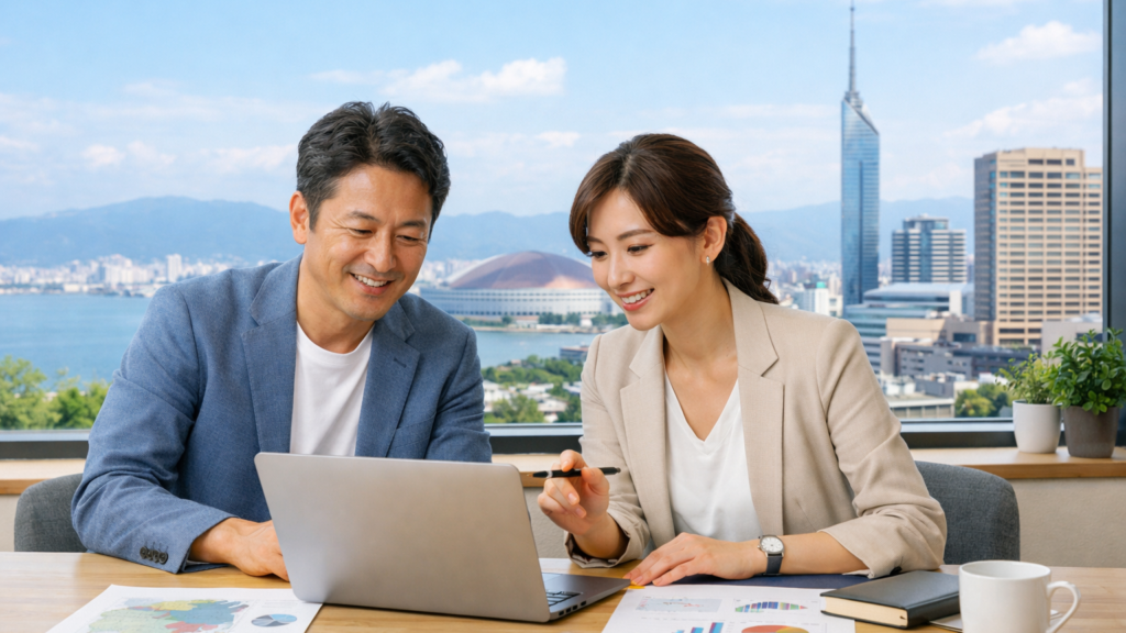 福岡の店舗オーナーと担当者がGoogleビジネスプロフィールと予約導線を確認している様子