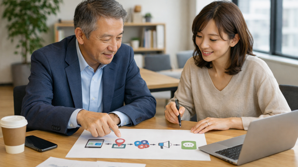 福岡の事業者とWebマーケティング担当者が集客導線と依頼範囲を確認している様子