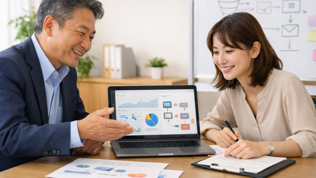 中小企業の経営者とWeb担当者がホームページの問い合わせ導線と分析データを確認している様子