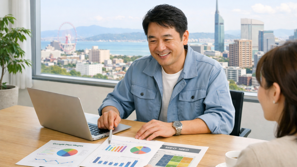福岡の店舗オーナーがMEO対策の費用とGoogleマップの集客指標を比較している様子