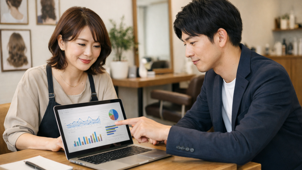 美容室のオーナーと担当者がSEO施策と予約導線を確認している様子