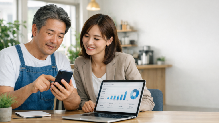 事業者とマーケティング担当者がスマートフォンの予約導線とパソコンの分析画面を確認している様子