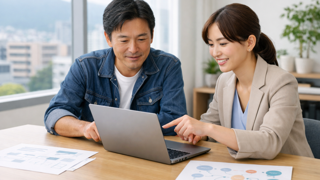事業者とマーケティング担当者がAI検索での情報表示とWebサイト改善方針を確認している様子