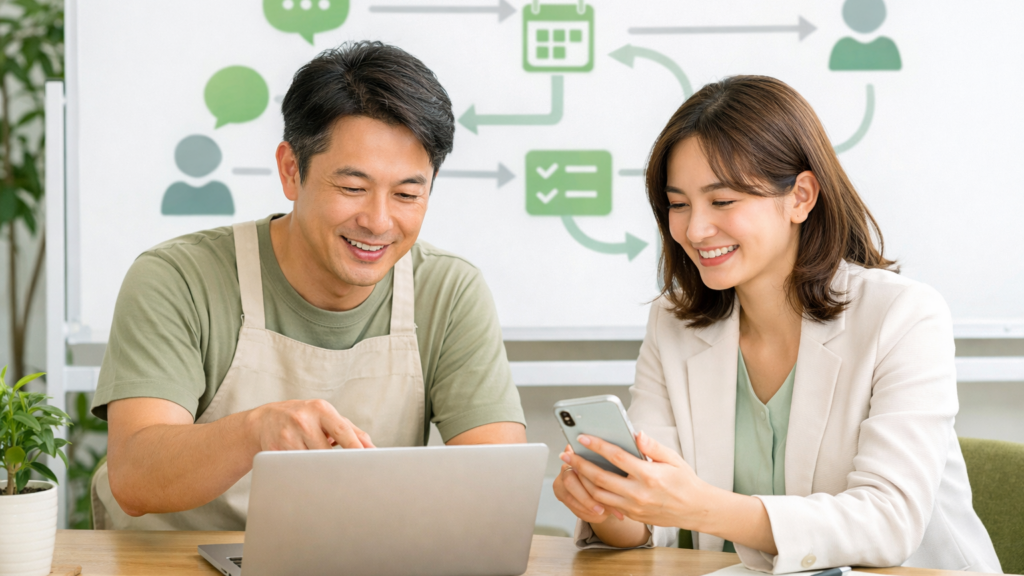 公式LINEの予約導線と予約システム連携を確認する店舗オーナーとマーケティング担当者