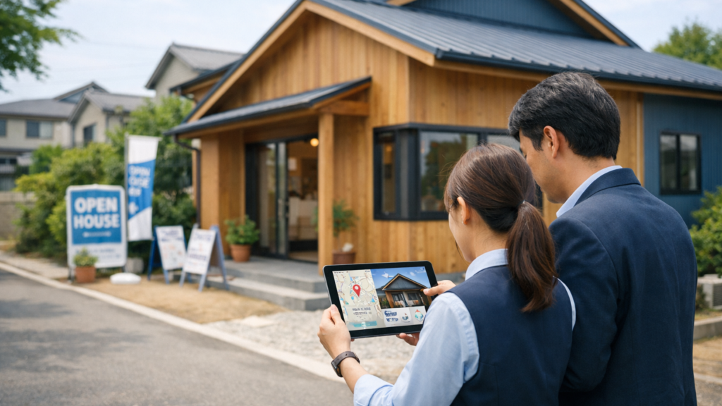 完成見学会の会場で住宅会社のスタッフがGoogleマップ集客と施工事例を確認している様子