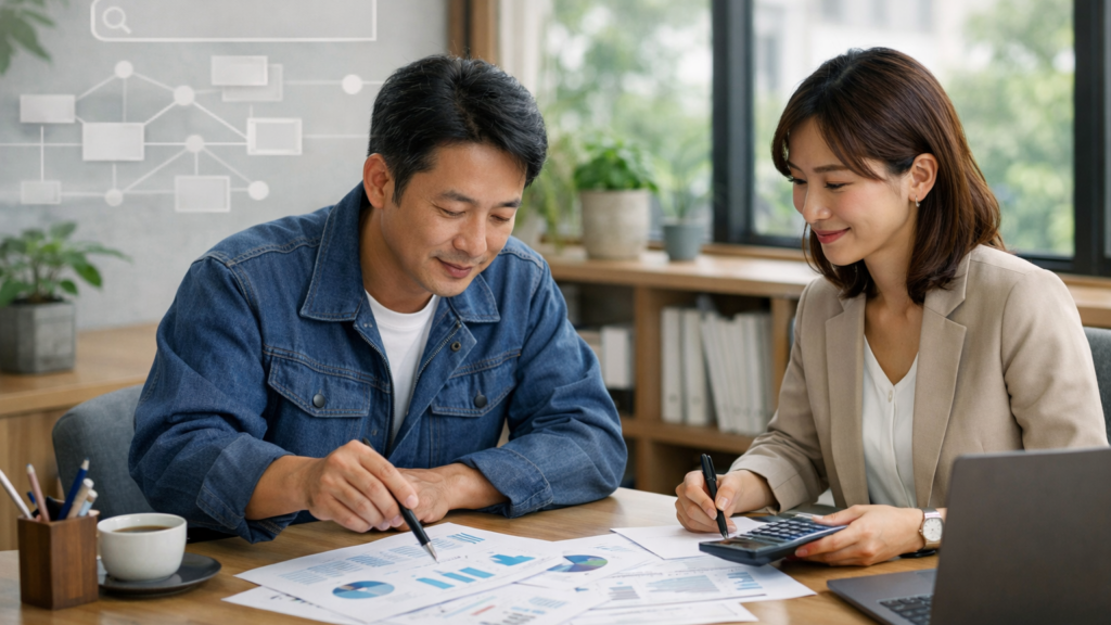 経営者とマーケティング担当者がAI検索対策の支援内容と見積もりを確認している様子