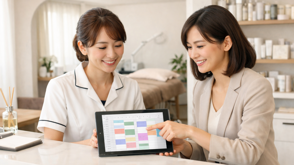 美容サロンのオーナーと担当者がタブレットで予約管理と導入設定を確認している様子