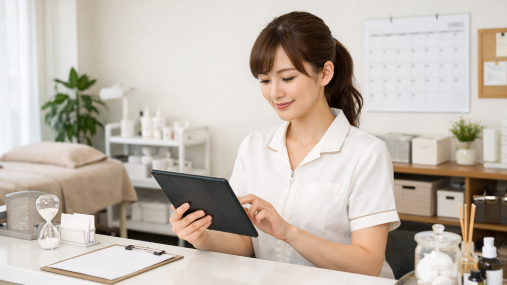 美容サロンのスタッフがタブレットで予約設定と導入作業を確認している様子