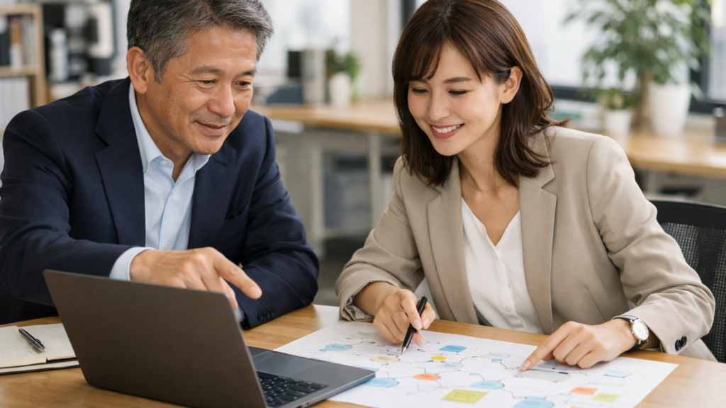 経営者とマーケティング担当者が問い合わせや予約などWeb集客のKPIを確認している様子
