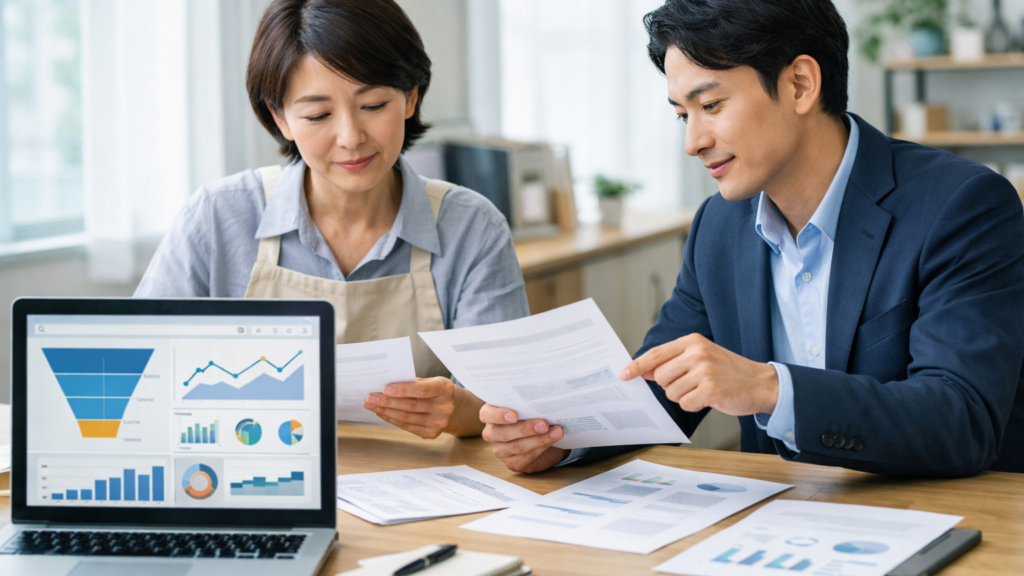中小企業の経営者とマーケティング担当者が効果測定会社の提案とWeb集客の分析データを比較している様子