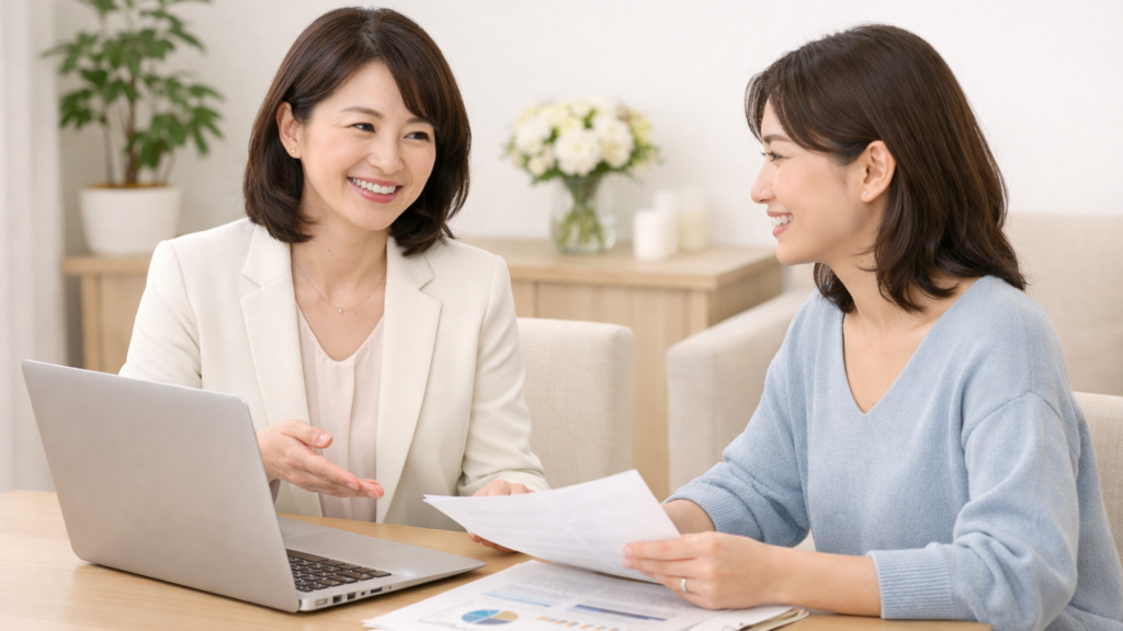 結婚相談所のカウンセラーが相談者とホームページ集客と無料相談導線の改善計画を話し合っている様子
