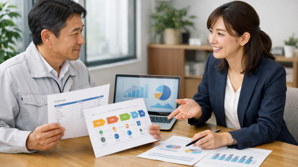 中小企業の経営者がWebマーケティング会社の見積もりと集客導線を担当者と確認している様子