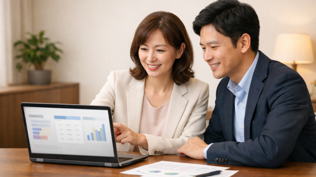結婚相談所の経営者と担当者がホームページの相談予約導線と集客データを確認している様子