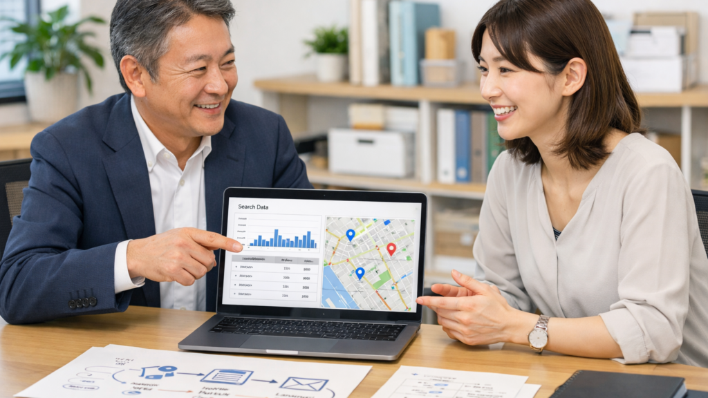 経営者とマーケティング担当者が検索データと地図情報を見ながらSEOとMEOの集客導線を相談している様子