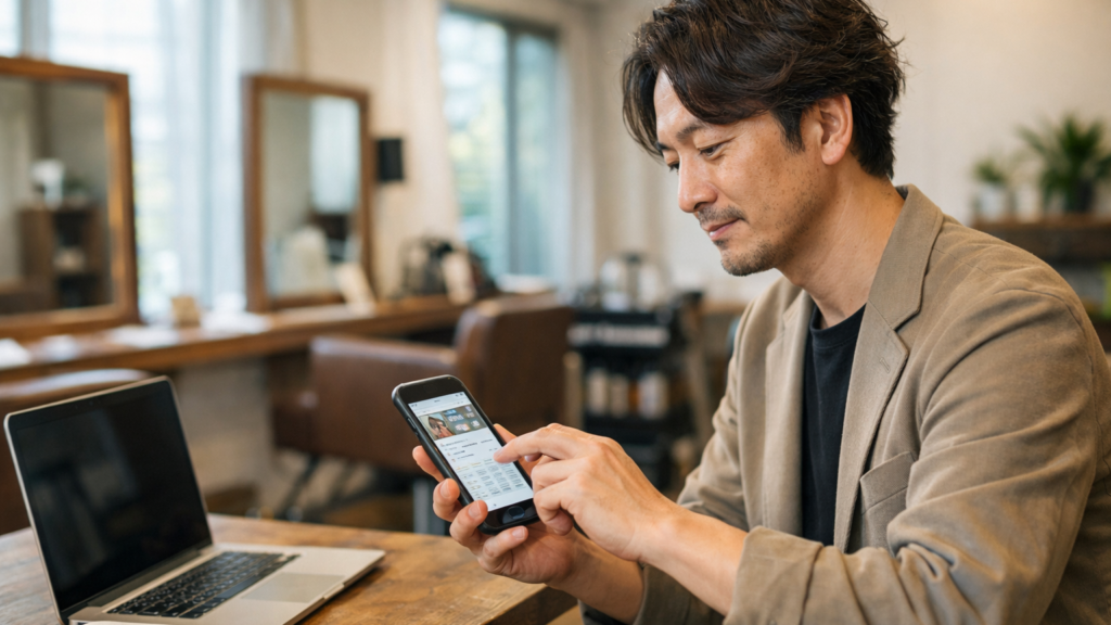 美容室のオーナーが店内でGoogleマップの店舗プロフィールと予約導線を確認している様子