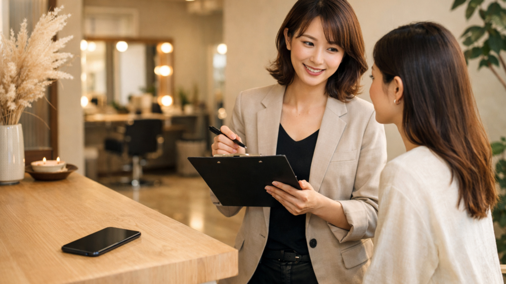 美容室のスタッフが来店客に施術内容と予約について説明している明るい店内