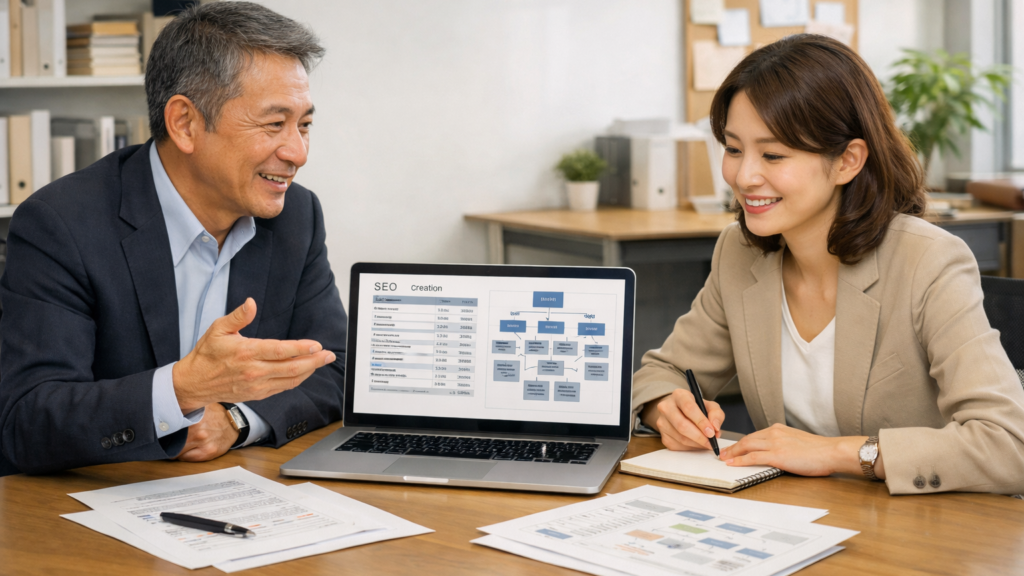SEOコンテンツ制作の見積もりと記事構成を確認する経営者とマーケティング担当者