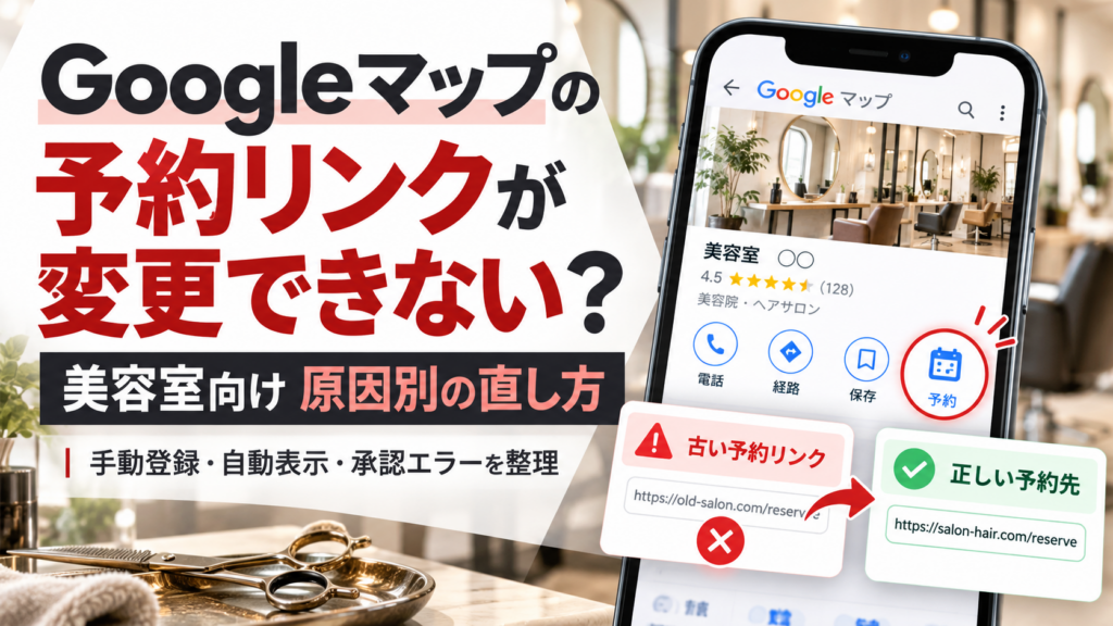 美容室向けにGoogleマップの予約リンクが変更できない原因と直し方を解説する画像。スマートフォンの店舗情報と古い予約URLから正しい予約先への変更を図解。