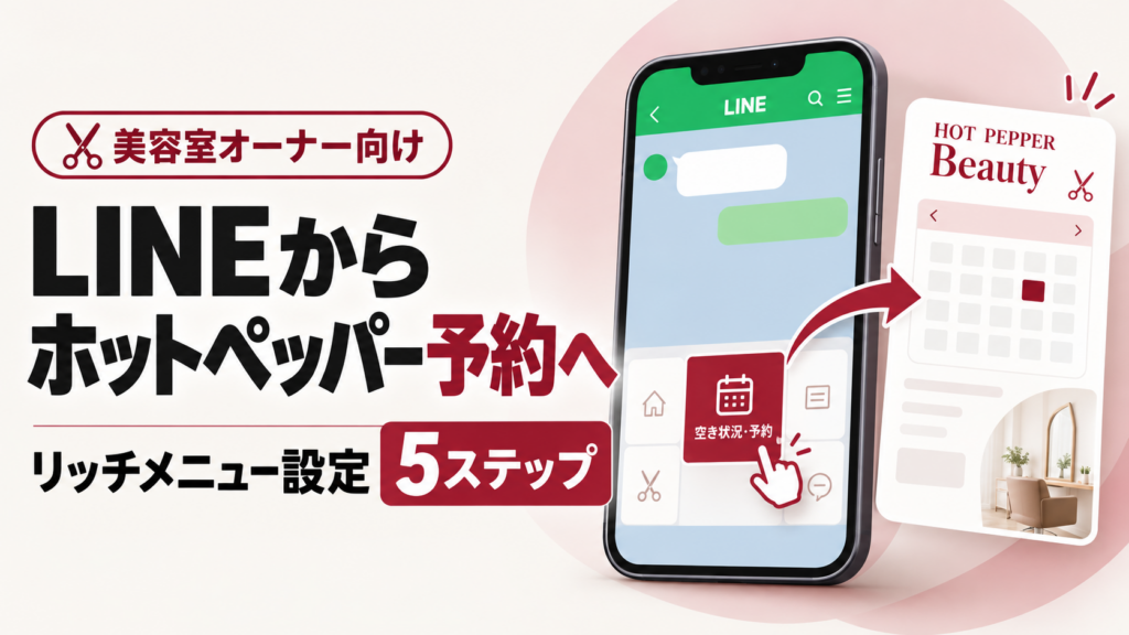 美容室オーナー向けに、公式LINEのリッチメニューからホットペッパービューティーの予約ページへ誘導する設定方法を5ステップで紹介する画像
