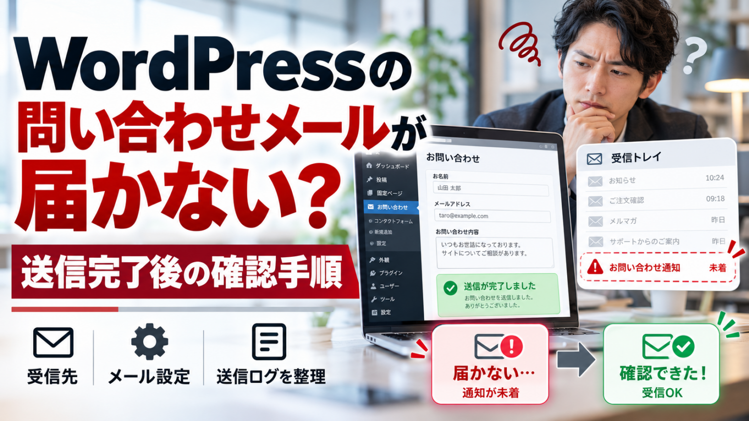 WordPressの問い合わせフォームで送信完了と表示されてもメールが届かない状況を、受信トレイとメール設定・送信ログの確認手順で表現した画像