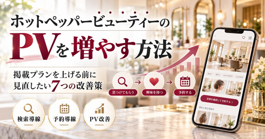 ホットペッパービューティーのPVを増やす7つの改善策。美容サロンの予約画面と検索・予約導線を表したイメージ