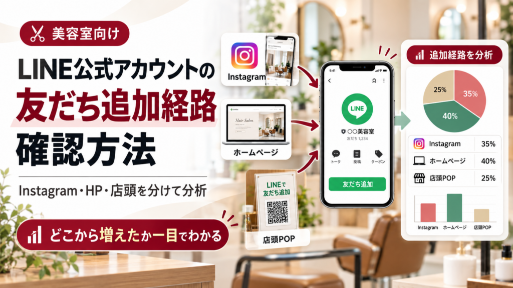 美容室向けに、Instagram・ホームページ・店頭POPからLINE公式アカウントへの友だち追加経路を分け、分析画面で確認する流れを表現した画像